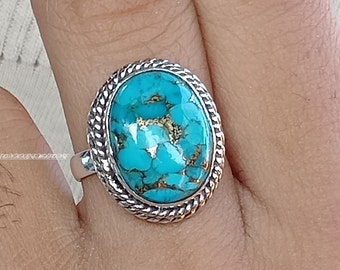 Genuine Turquoise Ring,  Real Turquoise Ring, Copper Turquoise Ring, Teardrop Turquoise Ring, Oval Shaped Turquoise Ring, Turquoise Ring