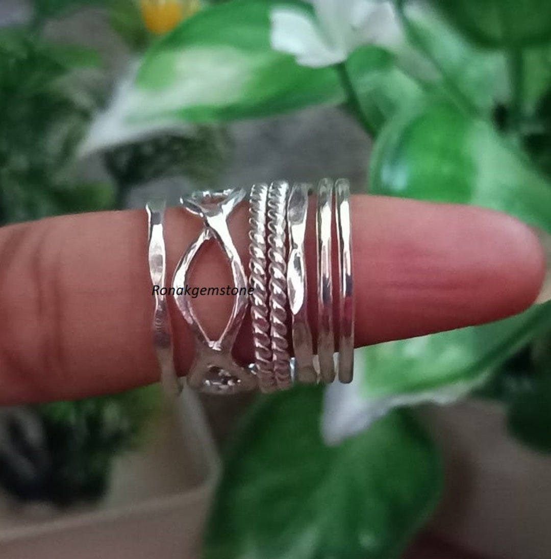 Set of 7 Stacking Rings, 925 Sterling Silver, Assorted Pattern Ring ...