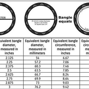 May include: A chart showing the relationship between bangle size, diameter in inches, diameter in millimetres, circumference in inches, and circumference in millimetres. The chart includes sizes 2-2, 2-4, 2-6, 2-8, 2-10, 2-12, 2-14, and 3.