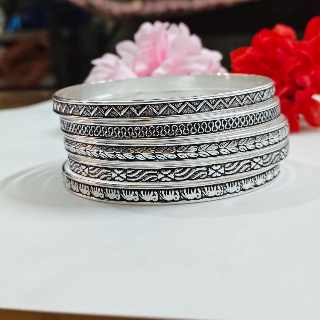 Solid Bangles Set of 5 Floral Bangles, 925 Solid Sterling Silver Bangles, , Handmade ...