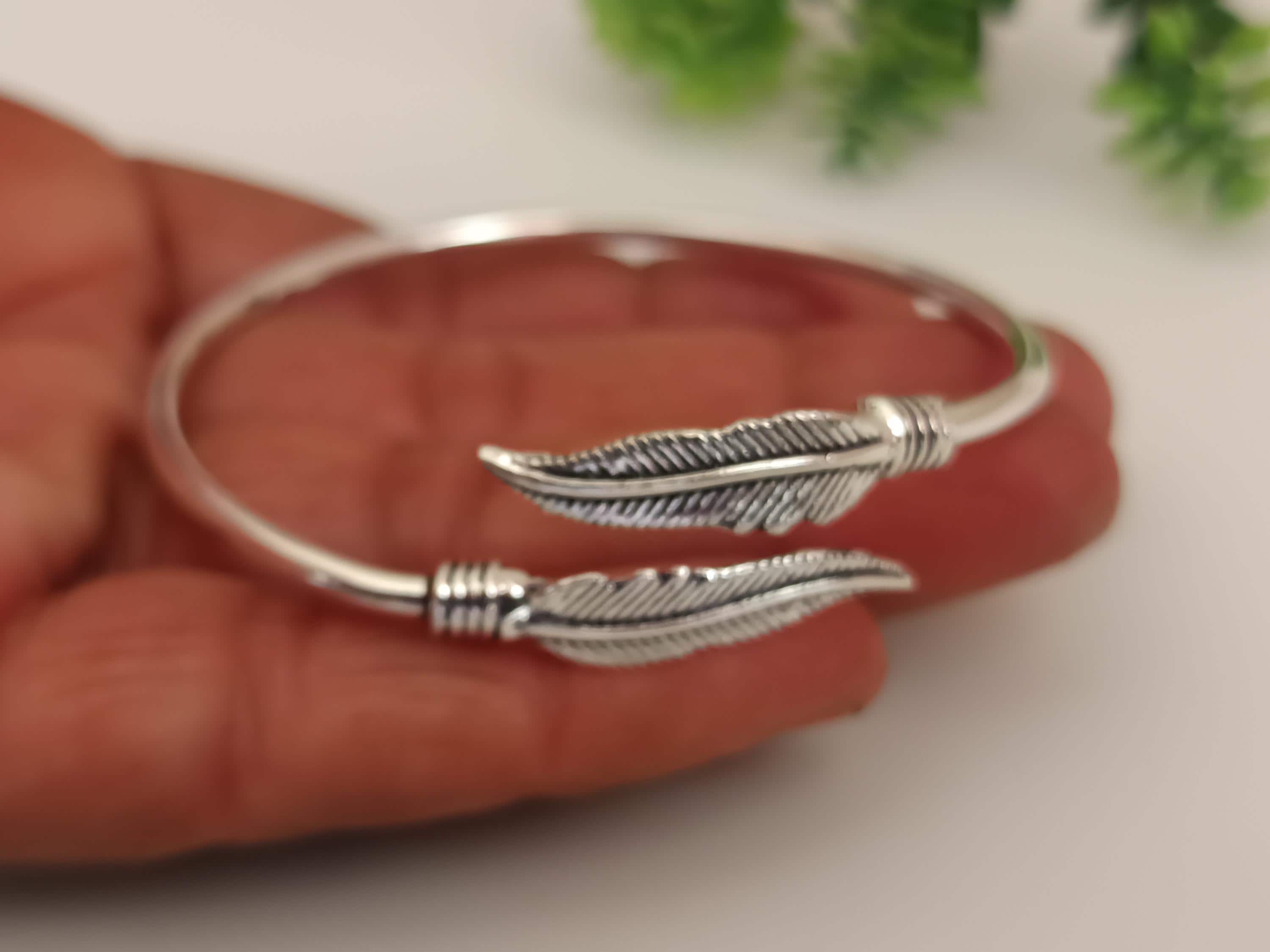 925 Sterling Silver Feather Bangle, Adjustable Boho Designer Cuff