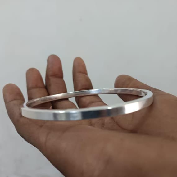 Thick Heavy Flat 925 Sterling Silver Bangle, Handmade Solid Silver