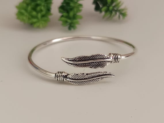 925 Sterling Silver Feather Bangle, Adjustable Boho Designer Cuff