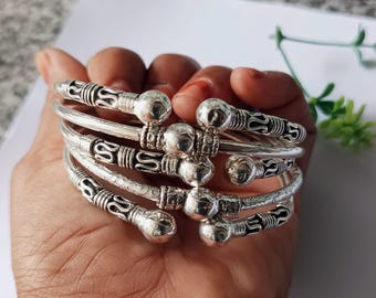 Handmade Bangles 5 Bracelet ,Thick Sterling Silver Bangle Set: Adjustable Boho Style Solid Sterling