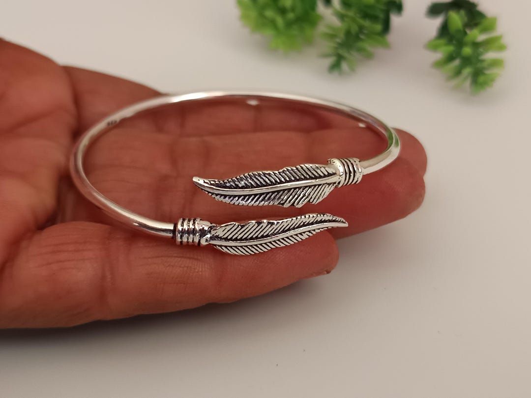 925 Sterling Silver Feather Bangle, Adjustable Boho Designer Cuff