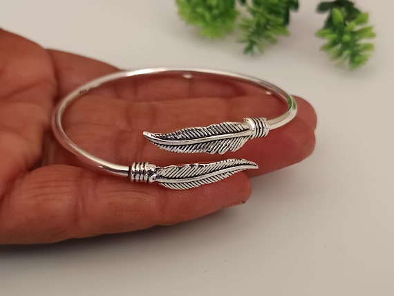 925 Sterling Silver Feather Bangle, Adjustable Boho Designer Cuff