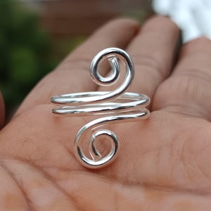 Sterling Silver Swirl Ring, Adjustable Wire Wrap, Boho Statement