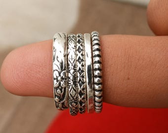 Set of 5 Sterling Silver Stacking Rings, Boho Hippie Patterned Bands