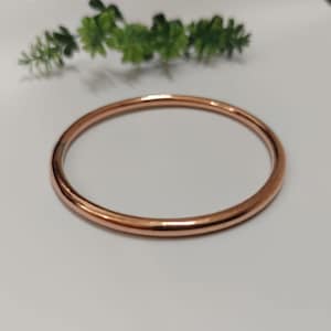 Puede incluir: Un brazalete de color cobre. El brazalete circular es liso y brillante, reflejando la luz. El brazalete está sobre un fondo blanco con una ramita de follaje verde en el fondo.