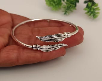 925 Sterling Silver Feather Bangle, Adjustable Boho Designer Cuff