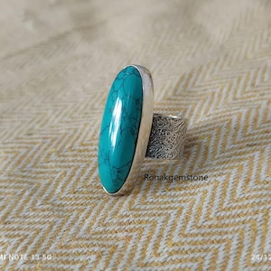 Solid 925 Sterling Silver Oyster Copper Turquoise Ring For Man Women, Hammered Textured Wide Ring ,Gemstone Ring, Handmade Long Rectangle