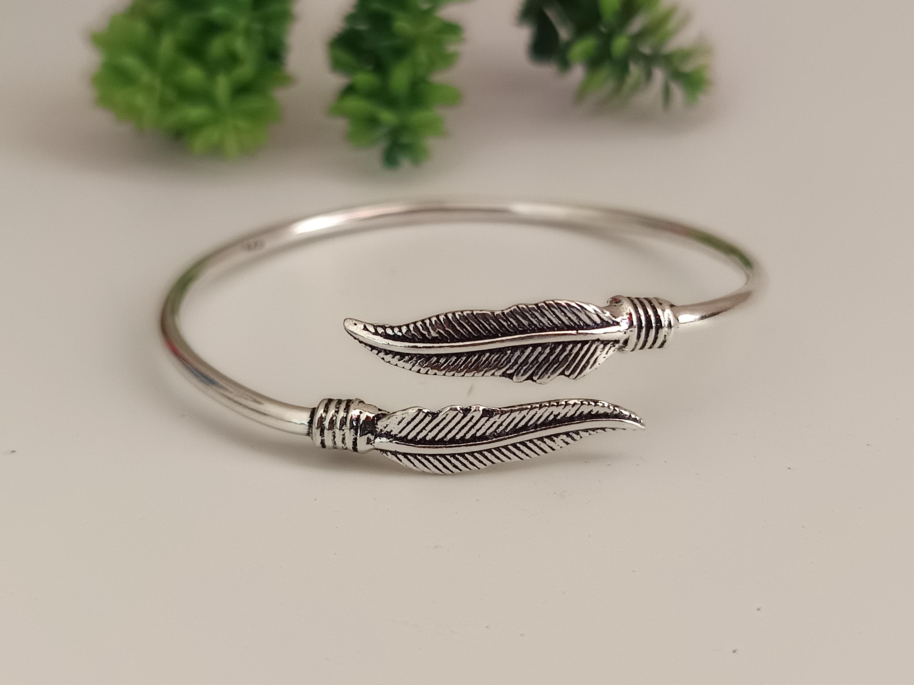 925 Sterling Silver Feather Bangle, Adjustable Boho Designer Cuff