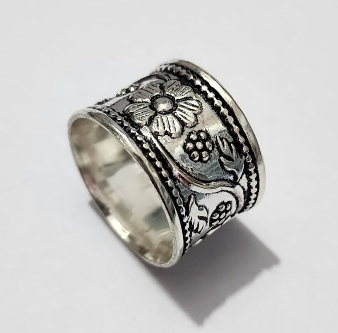 Handmade Sterling Silver Wide Band Ring: Floral Boho Statement Jewelry ...
