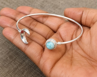 Larimar Bangle, Sterling Silver Adjustable Bracelet, Boho Jewelry Gift For Women Indiangift