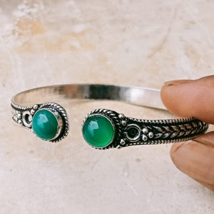 Solid Silver Bracelet ,Handmade 925 Sterling Silver Green Onyx- Adjustable Cuff Valentine's Day GiftBracelets,