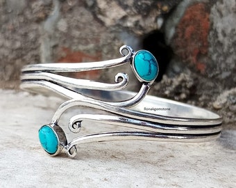 Sterling Silver Turquoise Cuff Bracelet, Open Swirl Bangle, Boho Adjustable Cuff