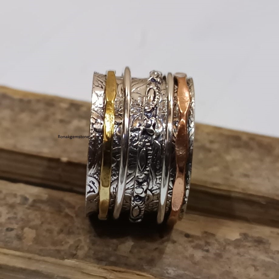 Copper Brass Silver Three Tone Spinner Ring, Sterling Silver