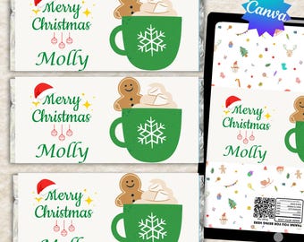 May include: Three rectangular candy bar wrappers with a white background, featuring a green mug with a white snowflake, a gingerbread man, marshmallows, and the text Merry Christmas Molly with a red Santa hat and three hanging red ornaments.