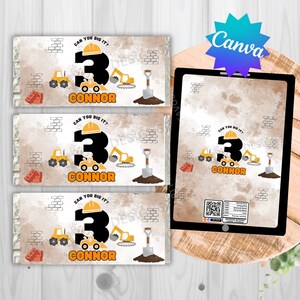 Construction Birthday Party Labels, Tractors, Diggers, Builders Custom/ personalised label. Wrapper. Sticker (Digital Download)