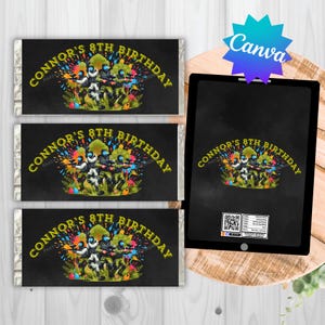 May include: Three chocolate bar wrappers and a tablet display a design for a birthday party. The wrappers and tablet feature the text "CONNOR'S 8TH BIRTHDAY" with a paintball theme, including figures in paintball gear and colorful paint splatters.