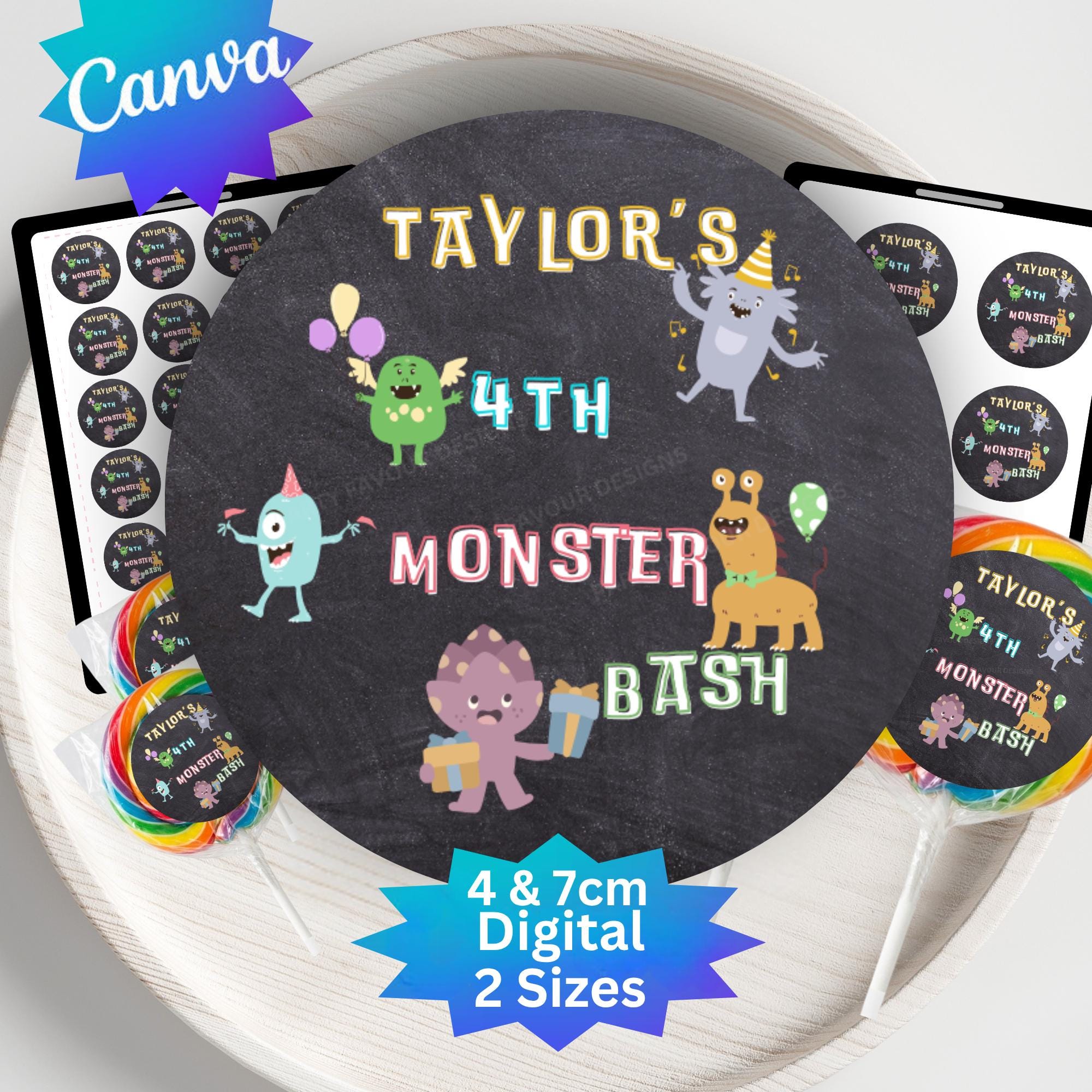 Monsters Theme Birthday Party. Custom Round Stickers. Lolly Bag Sticker ...
