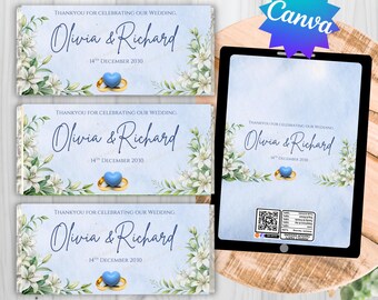 May include: Wedding invitation cards with floral and ring designs. The cards feature the names "Olivia & Richard" and the date "14th December 2030". A tablet displays a similar design, with a "Canva" logo.