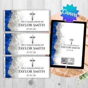 Puede incluir: Tarjetas rectangulares con un diseño azul y plateado, con una cruz y el texto "THE COMMUNION OF TAYLOR SMITH 27/07/30". Las tarjetas se muestran con una tableta que muestra un diseño similar. El logotipo de Canva es visible.