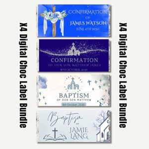 x4 Bundle Baptism, Christening, Communion, Naming Day Chocolate Party Favour Candy Bar Wrapper. Mini Chocolate Labels.