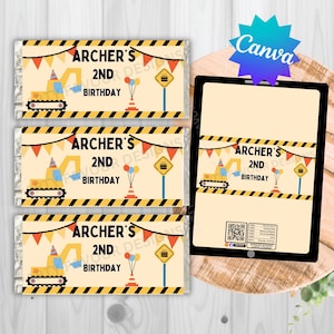 Construction Birthday Party Labels, Tractors, Diggers, Builders Custom/ personalised label. Wrapper. Sticker (Digital Download)