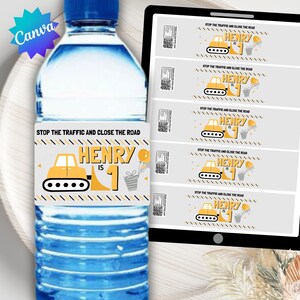 Construction, Builders Theme Party Personalised Drink Labels. Custom digital download water bottle, Pop Top Sticker Wraparound label