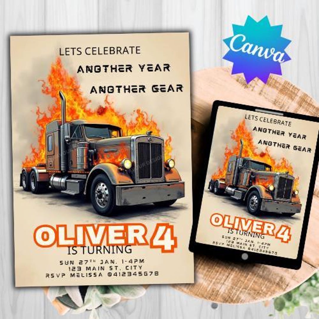 Trucks, Semi-trailers, Big Rigs Theme Birthday Party Invitation ...