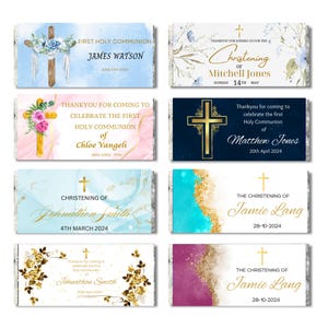 May include: A selection of chocolate bar wrappers for religious celebrations. Designs feature crosses, floral decorations, and text like "First Holy Communion" and "Christening", with names and dates. The colour palette includes blue, pink, gold, and white.