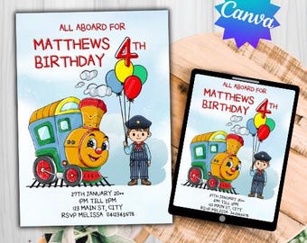 Train Birthday Party Invitation - Customizable Canva Template (Digital) Trains Theme editable download