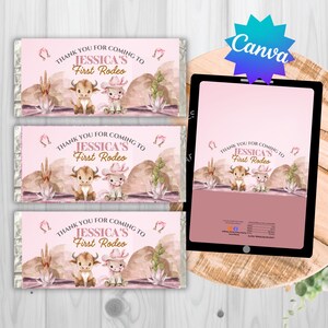 May include: Pink candy bar wrappers with a watercolour design featuring a bull and a cowgirl, desert landscape, and text that reads "THANK YOU FOR COMING TO JESSICA'S First Rodeo".