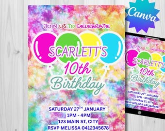 May include: A digital birthday invitation template featuring a vibrant tie-dye background with pink, green, yellow, and blue balloons. The text reads: JOIN US TO CELEBRATE SCARLETT'S 10th Birthday, SATURDAY 27TH JANUARY, 1PM - 4PM, 123 MAIN ST, CITY, RSVP MELISSA 0412345678.