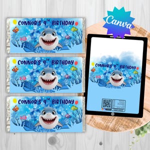 Shark Birthday Party Favour Chocolate Bar Wrapper. Mini Chocolate Labels. Digital download customisable