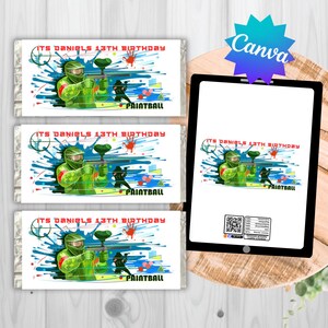 May include: Three white candy bar wrappers with a paintball theme. Each wrapper features a paintball player in green gear, the text "ITS DANIELS 13TH BIRTHDAY" and the word "PAINTBALL". A tablet displays the same design.