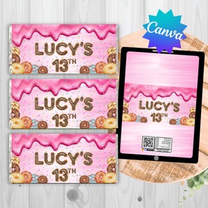 Op de afbeelding: Roze chocoladereepverpakkingen met een donutontwerp en de tekst "LUCY'S 13TH". De verpakkingen hebben een roze glazuur drip design, sprinkles en donut illustraties. Een tablet toont een vergelijkbaar ontwerp.