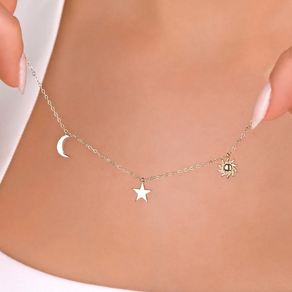 14K Solid Gold Moon Sun Star Necklace, Moon Star, Minimal Moon Star Sun Necklace, Sun Moon, Minimalist Necklace, Jewelry, Moon Sun Star.