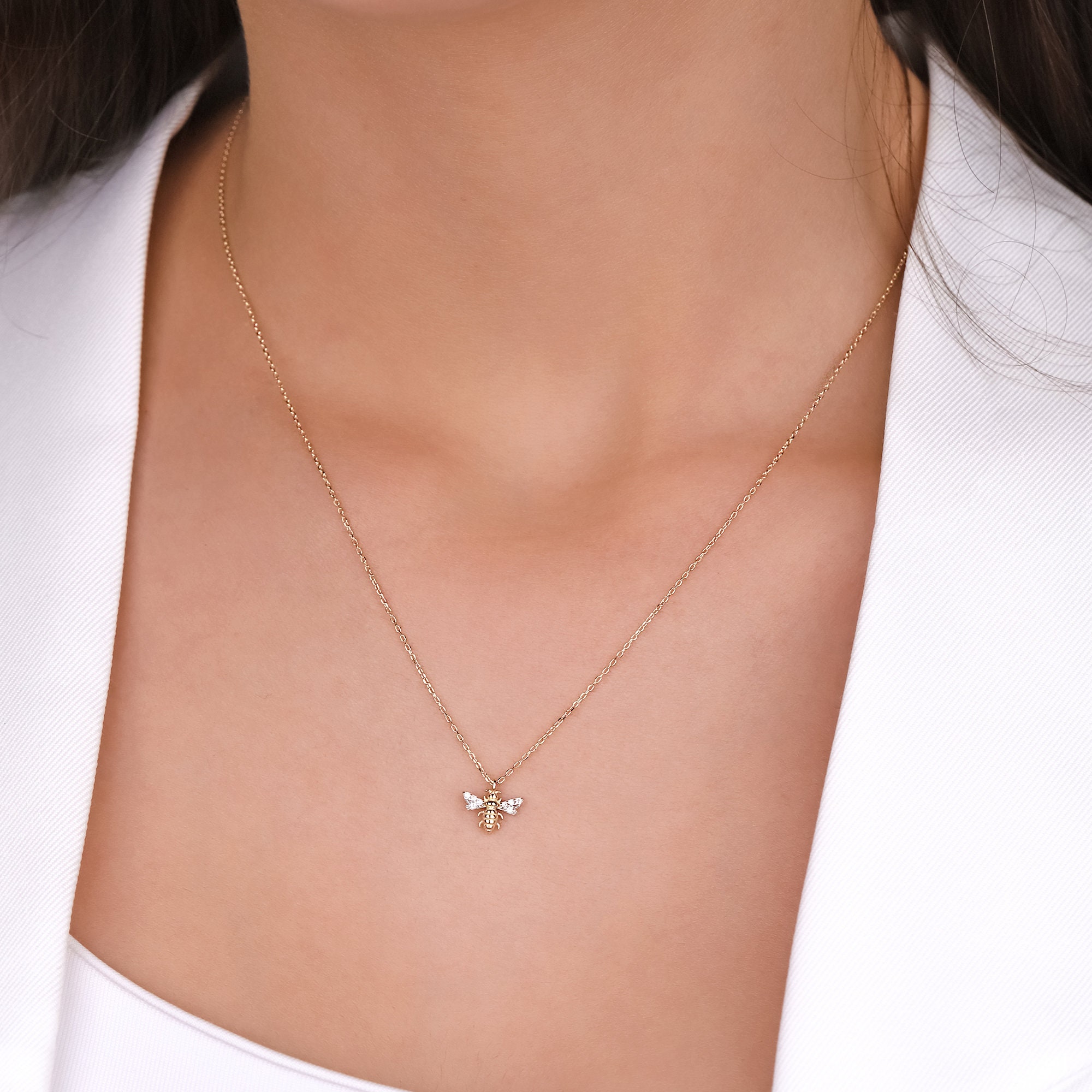 14K Solid Gold Bee Necklace Gold Necklace for Her Gift for Etsy