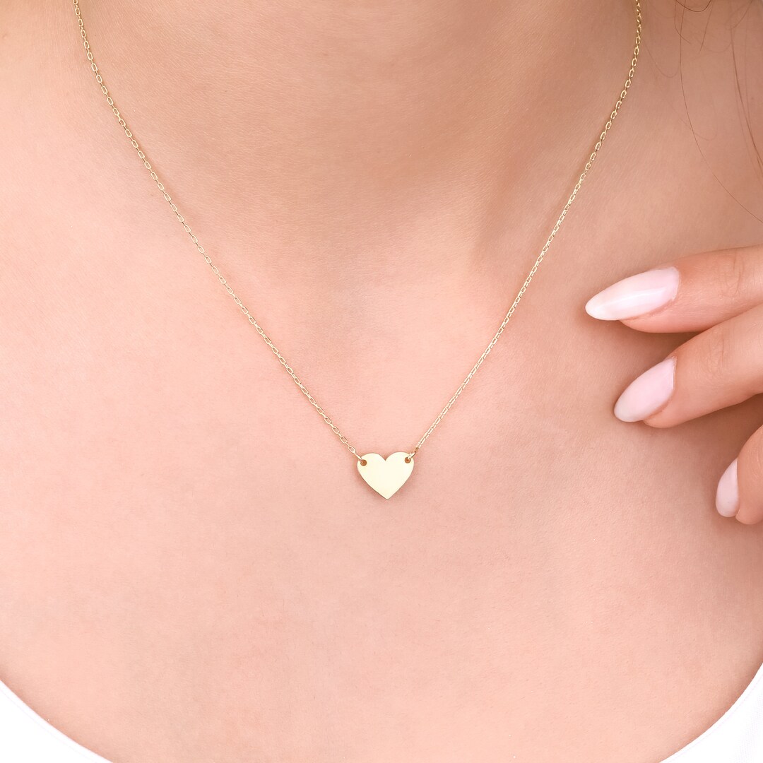 14K Gold Personalised Heart Necklace, Tiny Heart Necklace, Solid Gold Personalised Heart