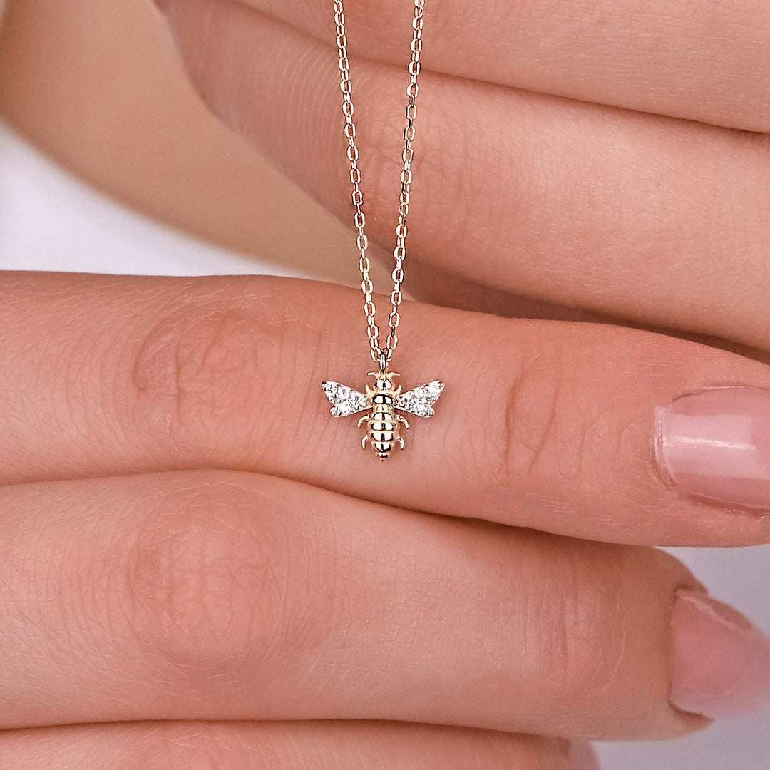 14K Solid Gold Bee Necklace, Gold Necklace for Her, Gift for Her