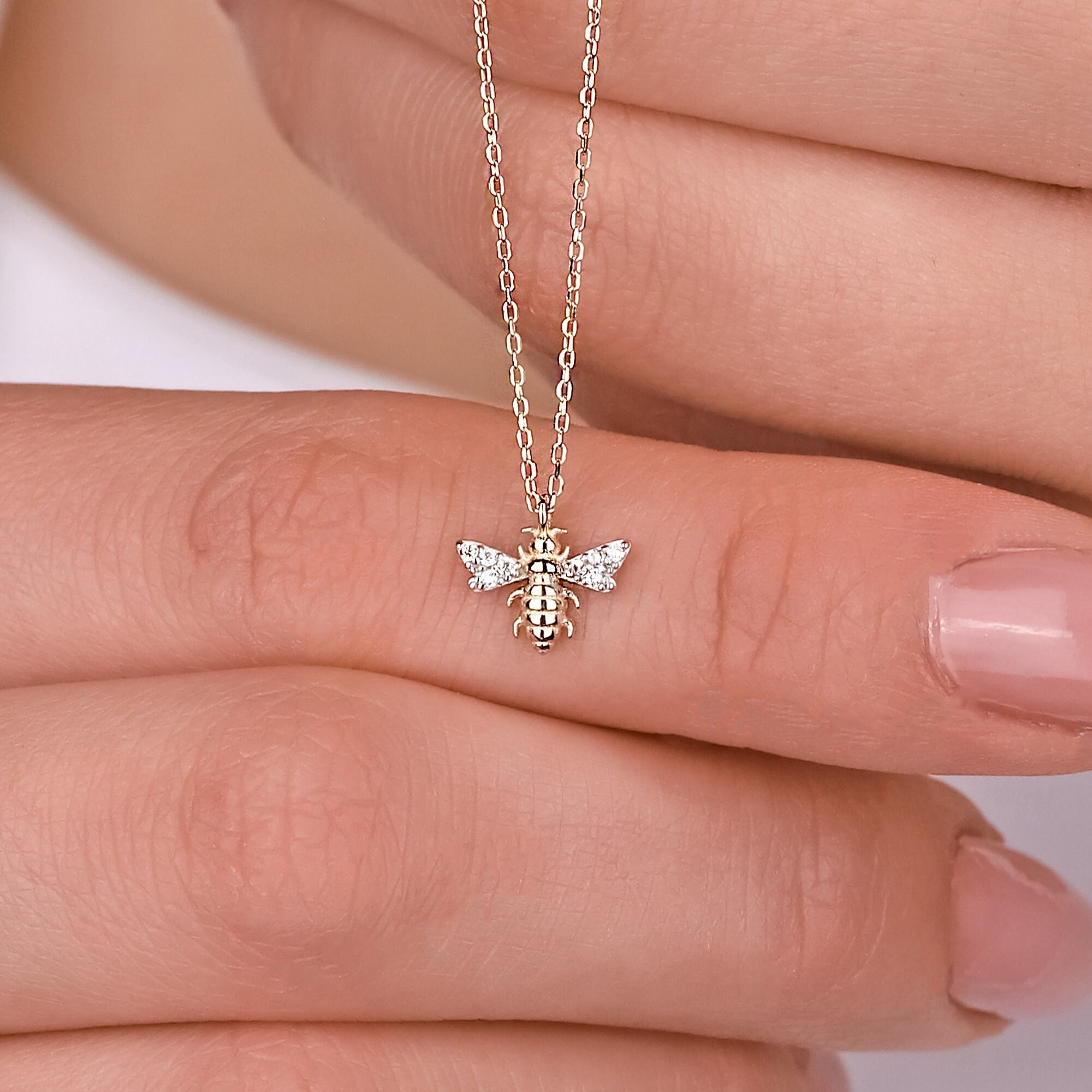14K Solid Gold Bee Necklace Gold Necklace for Her Gift for Etsy