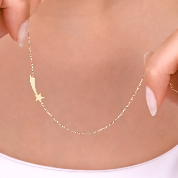 14K Solid Gold Falling Star Necklace, Comet, Minimal Polar Star Necklace, Falling Star Necklace, Minimalist Necklace, Jewelry, Star.