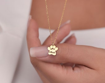 Collar de pata personalizado de oro de 14K, collar de dueño de mascota, huella de mascota, regalo para amantes de los gatos perros, collar de pata minimalista, encanto fino delicado