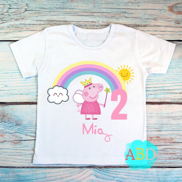 Personalised Pink Pig Boys Girls Birthday T-shirt, Custom Peppa Pink Rainbow T-shirt, Personalised Cbeebies Birthday t-shirt, Girls Birthday