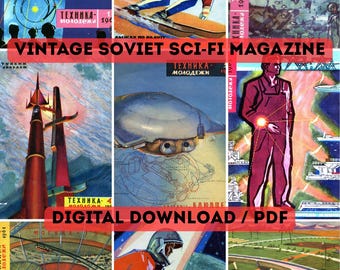 1961 Yuri Gagarin Soviet Space Magazine PDF, Arte retrofuturista de ciencia ficción, Material efímero vintage de la URSS para Junk Journal, Descarga digital de 12 números