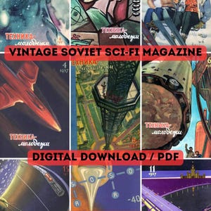 Rivista spaziale sovietica Sputnik del 1957 in formato PDF, prime illustrazioni fantascientifiche dell'era satellitare, materiale effimero vintage dell'URSS per riviste di collezionismo, download digitale di 12 numeri.