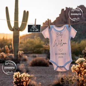 Modello digitale semplice per annuncio di gravidanza con cactus, modello modificabile per annuncio di nascita con cactus, annuncio di nascita neutro, annuncio di stendibiancheria