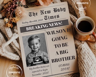 Newspaper Pregnancy Announcement: Big Brother Reveal, Social Media Template (Digital Download)